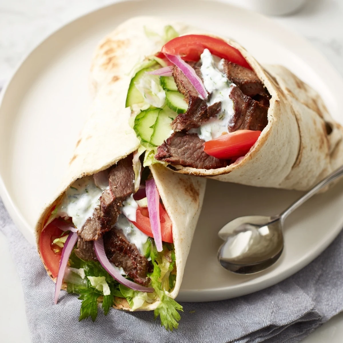 Savory beef shawarma wrapped in warm flatbread, drizzled with tangy yogurt sauce.  