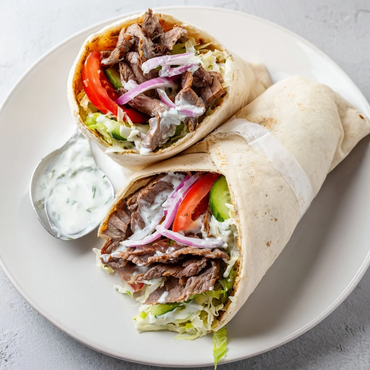 Tender beef shawarma wraps with fresh veggies and creamy yogurt sauce.  