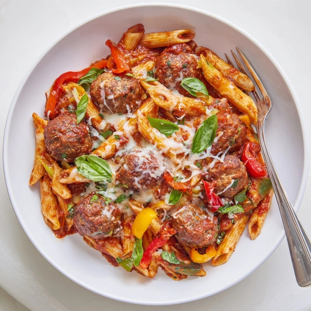 Italian Meatball Pasta Skillet topped with melted cheese and fresh basil for dinner.