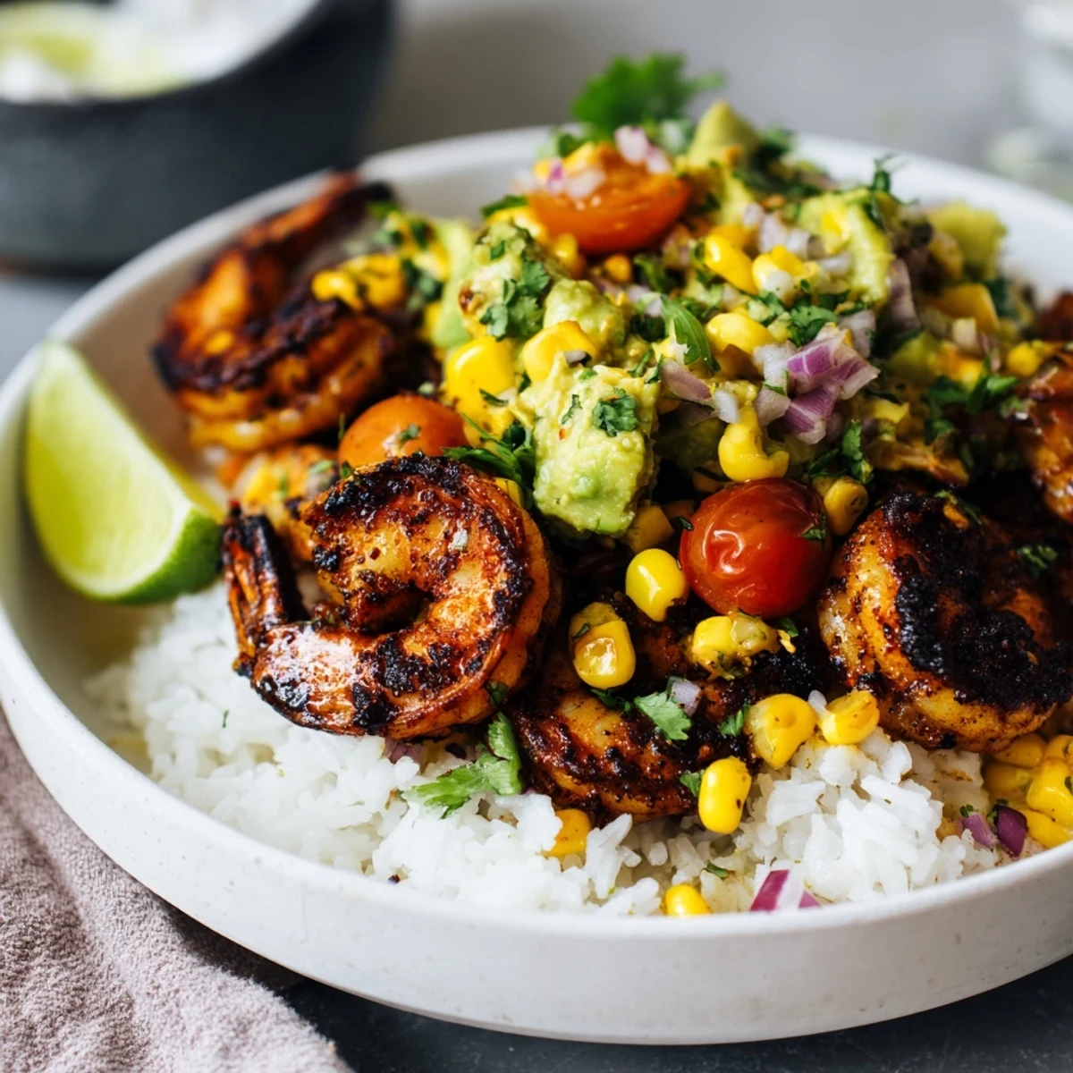 Spicy blackened shrimp bowl topped with creamy avocado corn salsa and rice.  