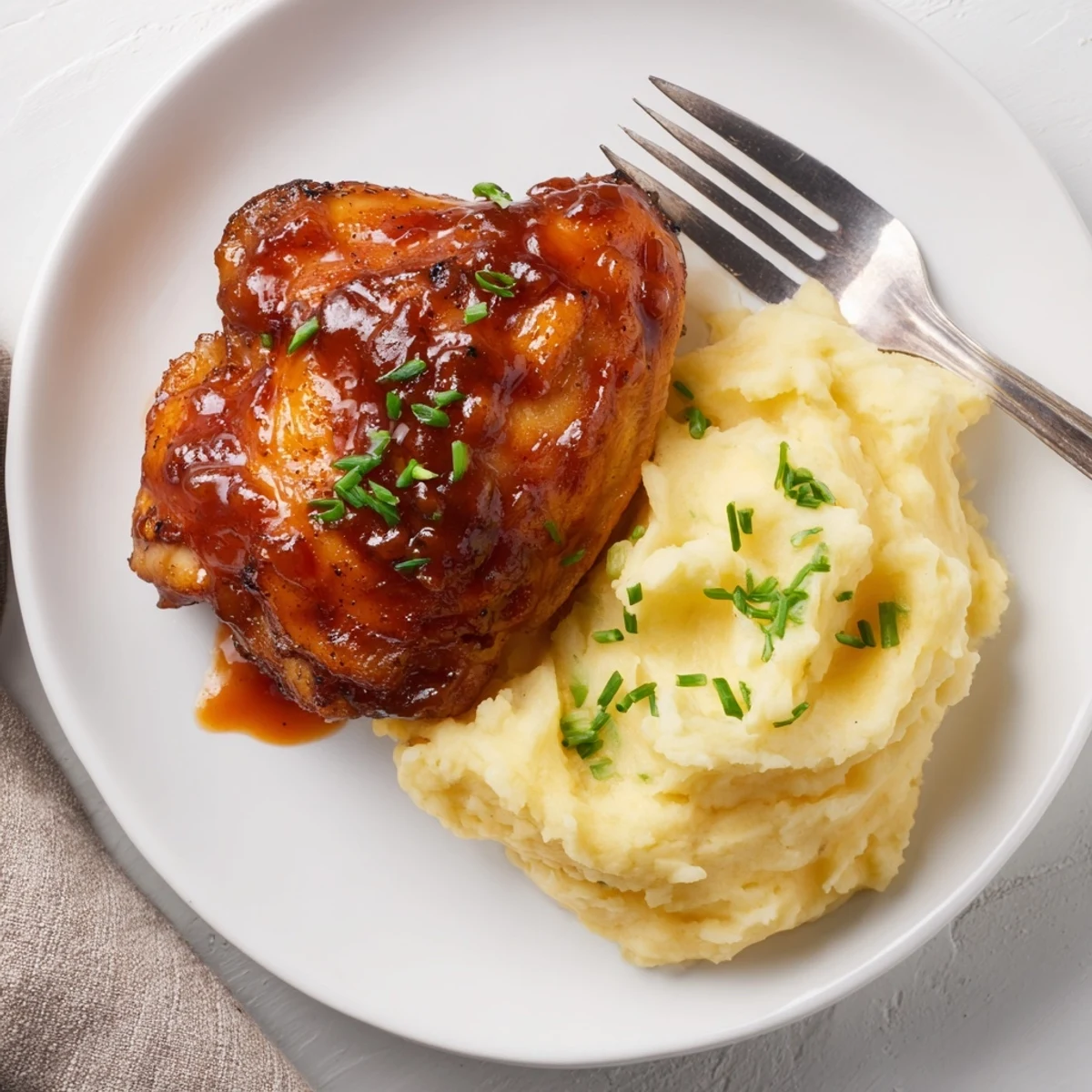 Delicious honey BBQ chicken thighs paired with smooth garlic mashed potatoes.