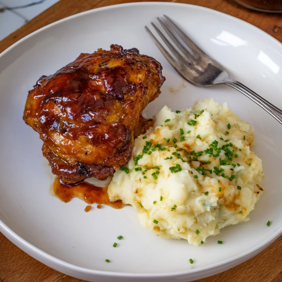 Oven-baked honey BBQ chicken thighs glisten alongside velvety garlic mashed potatoes.  
