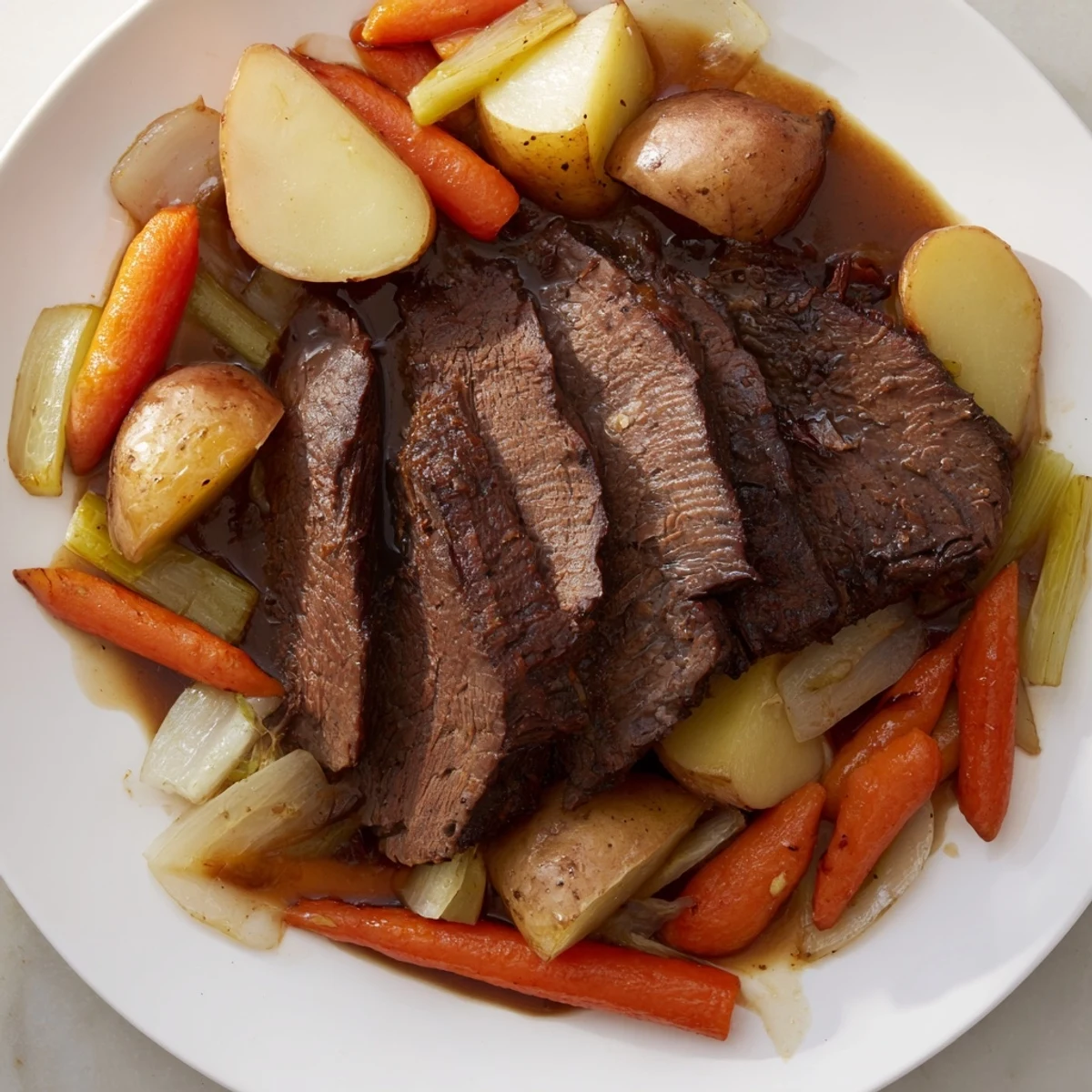 A close-up of a tender Sunday Pot Roast with roasted veggies, rich broth, and herbs.