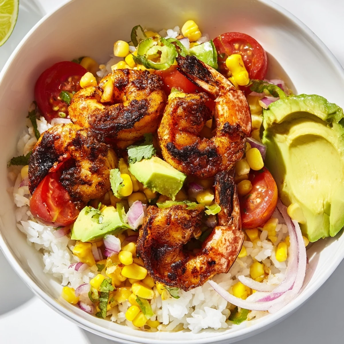 Juicy, grilled shrimp in an Easy Grilled Shrimp Bowl with colorful salsa and fluffy rice.
