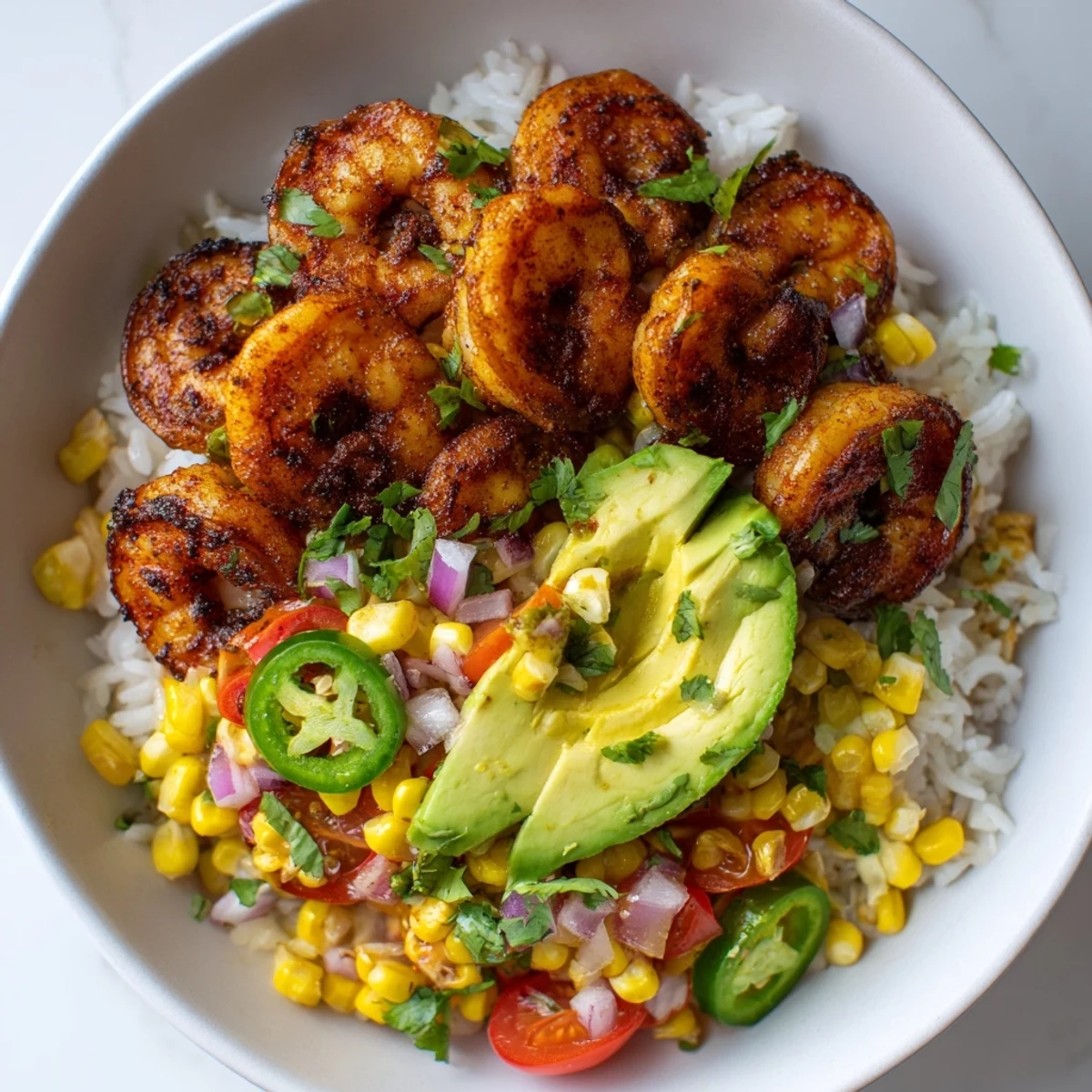 Vibrant image shows an Easy Grilled Shrimp Bowl ready to enjoy, a healthy, flavorful summer lunch.