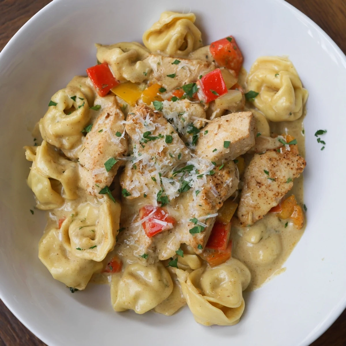Fresh parsley garnishes the finished Zesty Cajun Garlic Parmesan Chicken Tortellini, ready for a delicious meal.