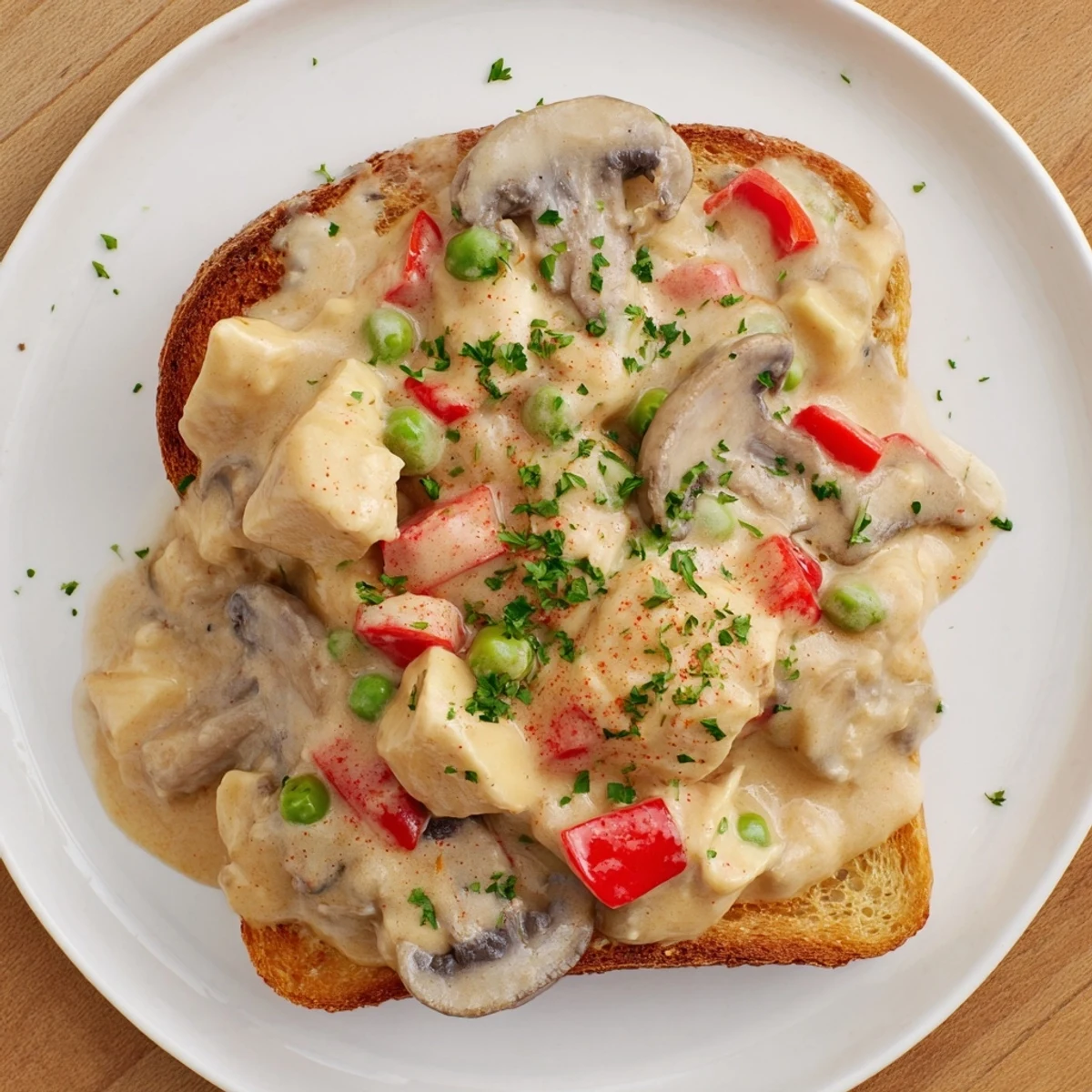 Creamy, comforting chicken à la King, glistening over toasted bread, perfect for a satisfying weeknight meal.