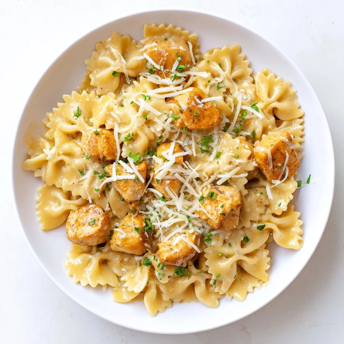 Creamy Mozzarella Garlic Butter Chicken Bowties, a comforting pasta dish with melted cheese and fresh herbs.
