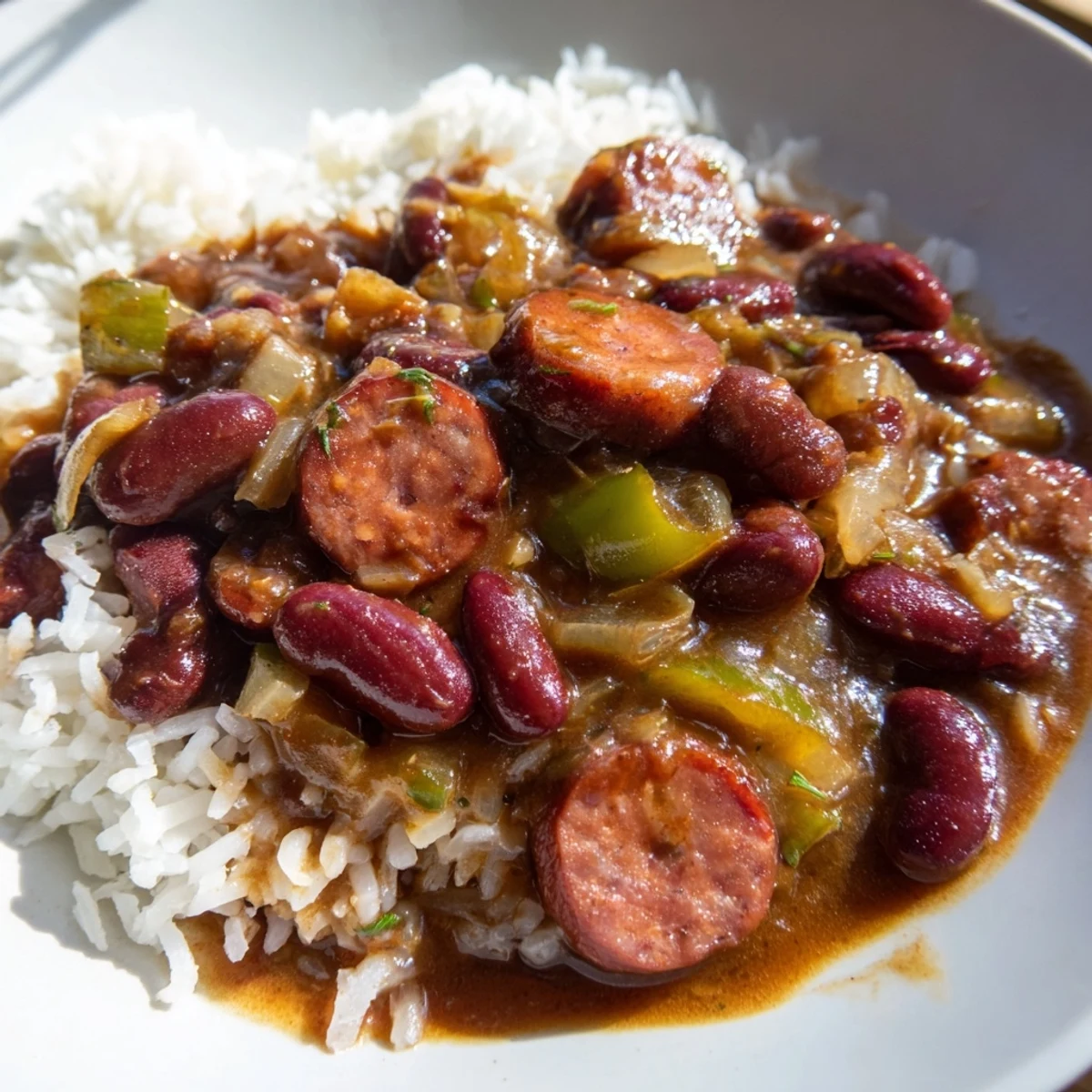 Steaming bowl of Red Beans & Rice, a Creole classic with sausage and fluffy white rice.