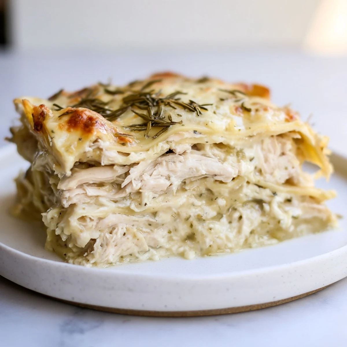 Golden, bubbling Rosemary Chicken Lasagna in a baking dish, ready to serve and enjoy.