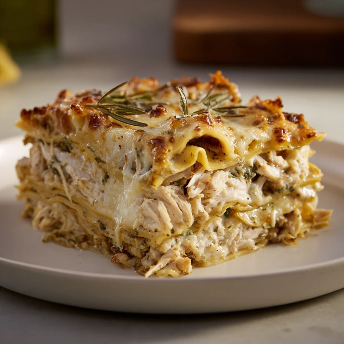 A close-up of cheesy Rosemary Chicken Lasagna, with visible herbs and tender chicken pieces.