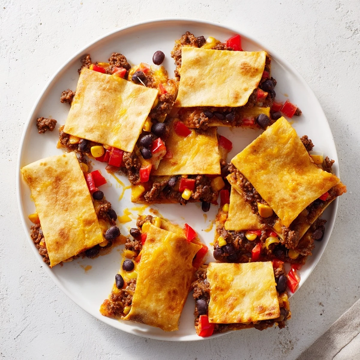 Sheet Pan Quesadillas with Beef: A close-up of cheesy, golden quesadillas filled with savory beef and vegetables.