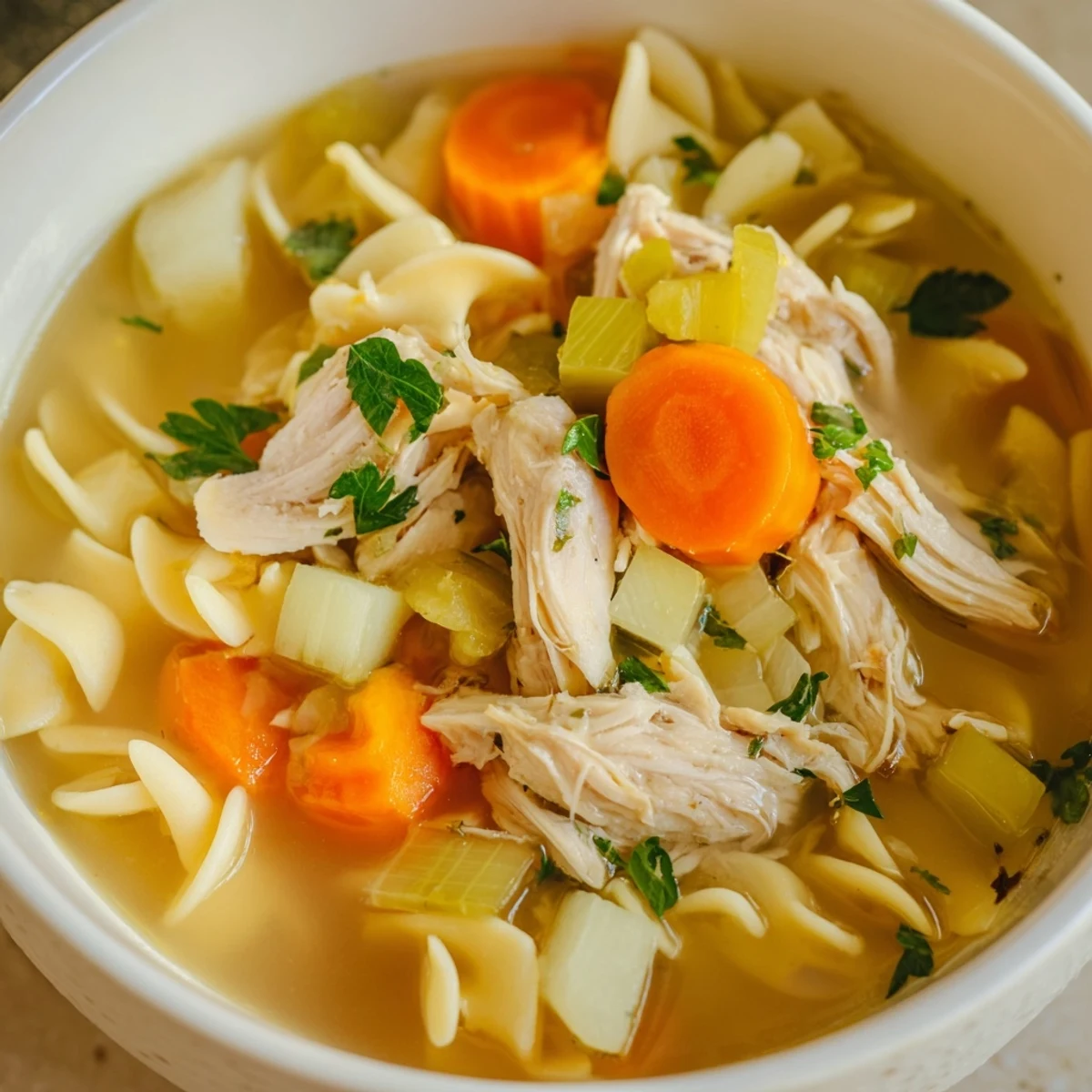 Steaming bowl of homemade chicken noodle soup, with fluffy egg noodles and tender chicken.