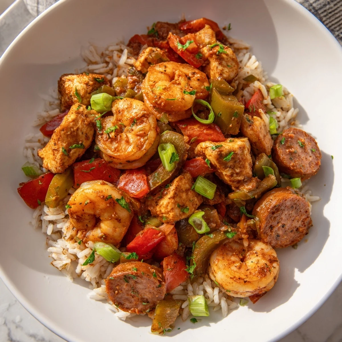 A steaming, close-up shot of Cajun Jambalaya Rice Bowl revealing tender shrimp mingled in flavorful rice.