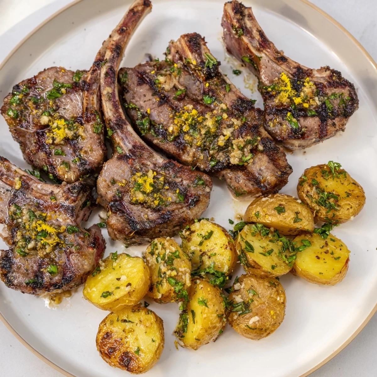 Aromatic herbed lamb chops and golden roasted potatoes, a satisfying gluten-free dinner option.