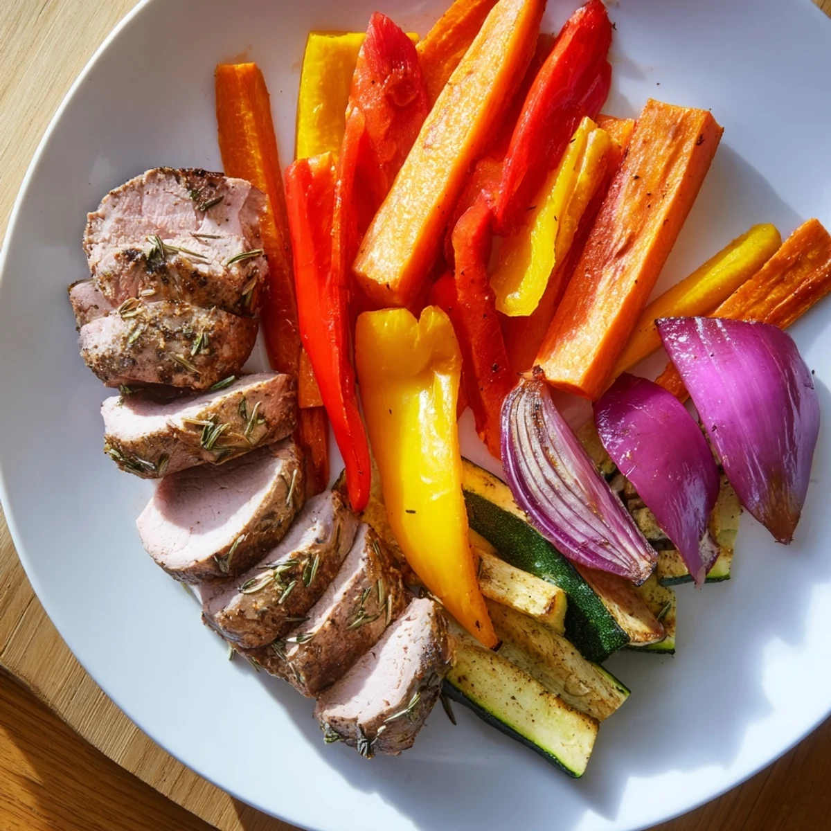 Tender slices of Roasted Garlic Pork Tenderloin sit beside vibrant, roasted vegetables on a platter.