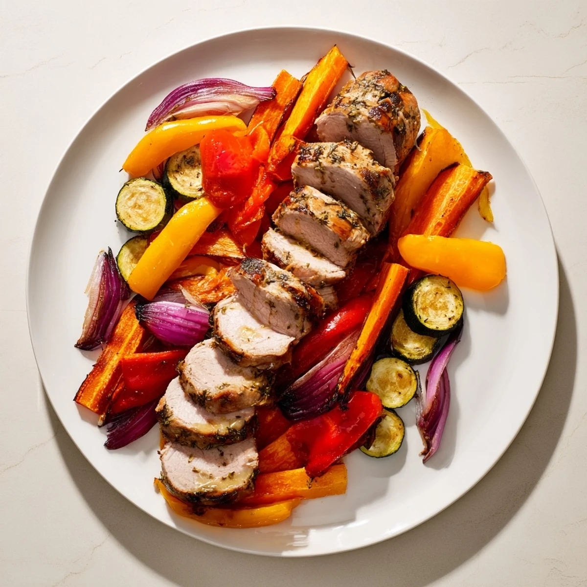 Golden-brown Roasted Garlic Pork Tenderloin, glistening with herbs, is surrounded by colorful, tender roasted vegetables.