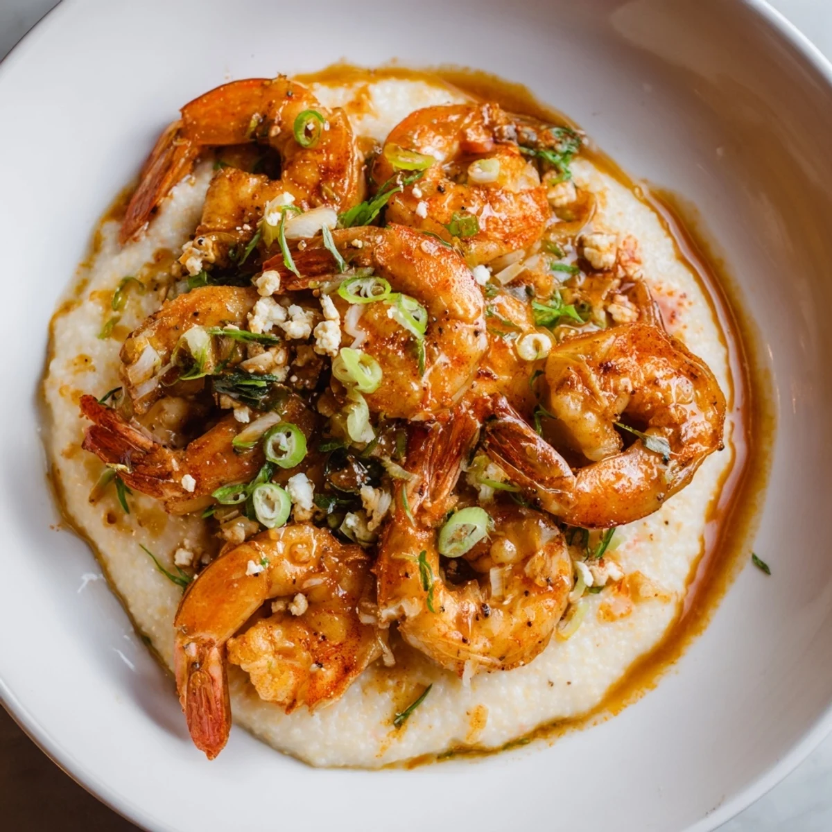 Golden, creamy Shrimp & Grits with a glistening garlic butter sauce, ready to serve.