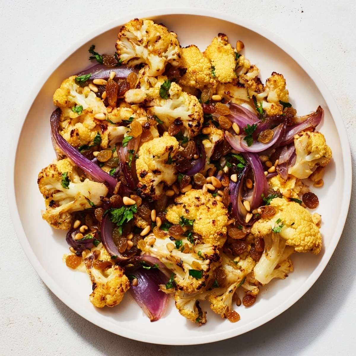Tossed Warm Roasted Cauliflower Salad, drizzled with dressing, ready for you to enjoy.