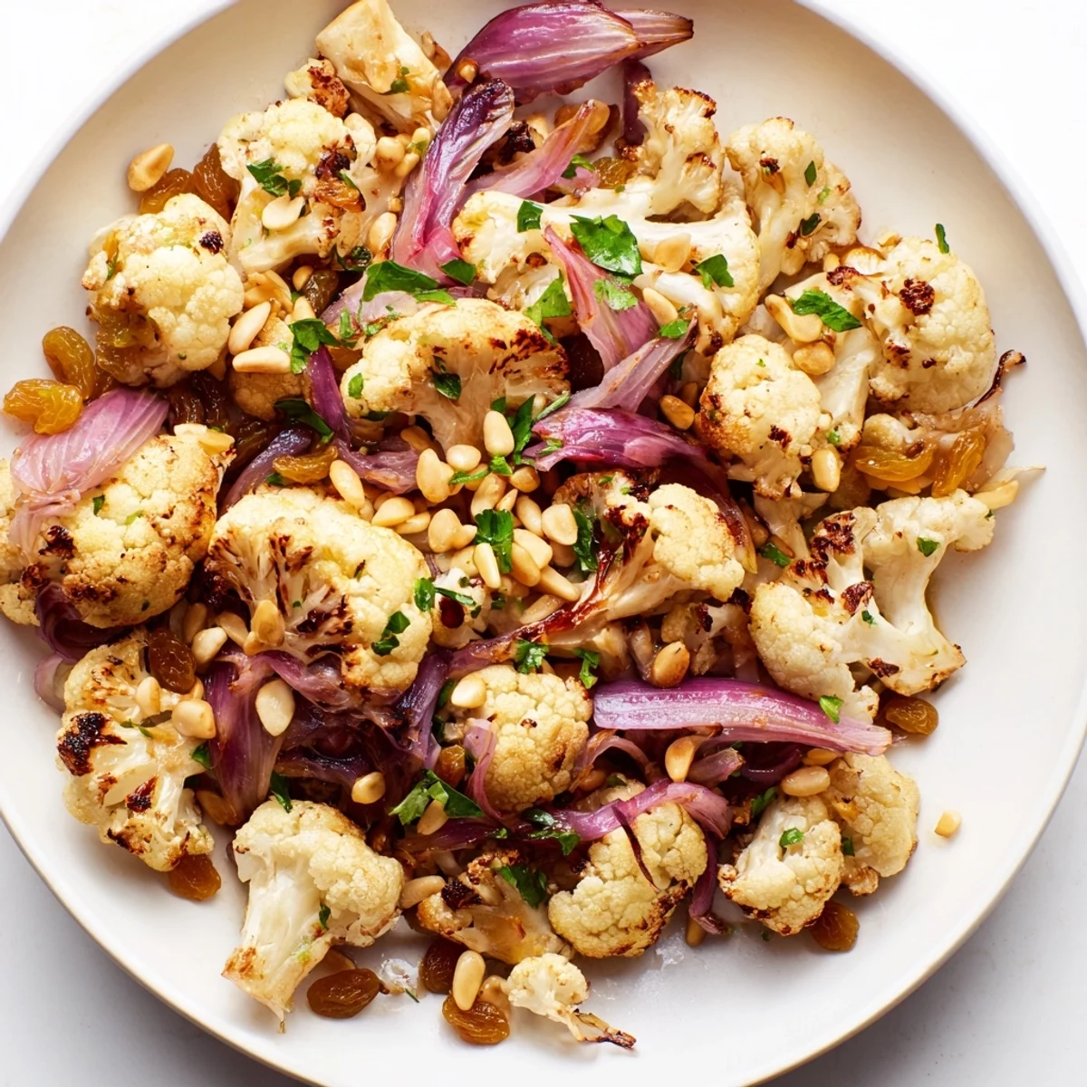 Tender roasted cauliflower with zesty lemon pine-nut dressing; a complete Warm Cauliflower Salad.