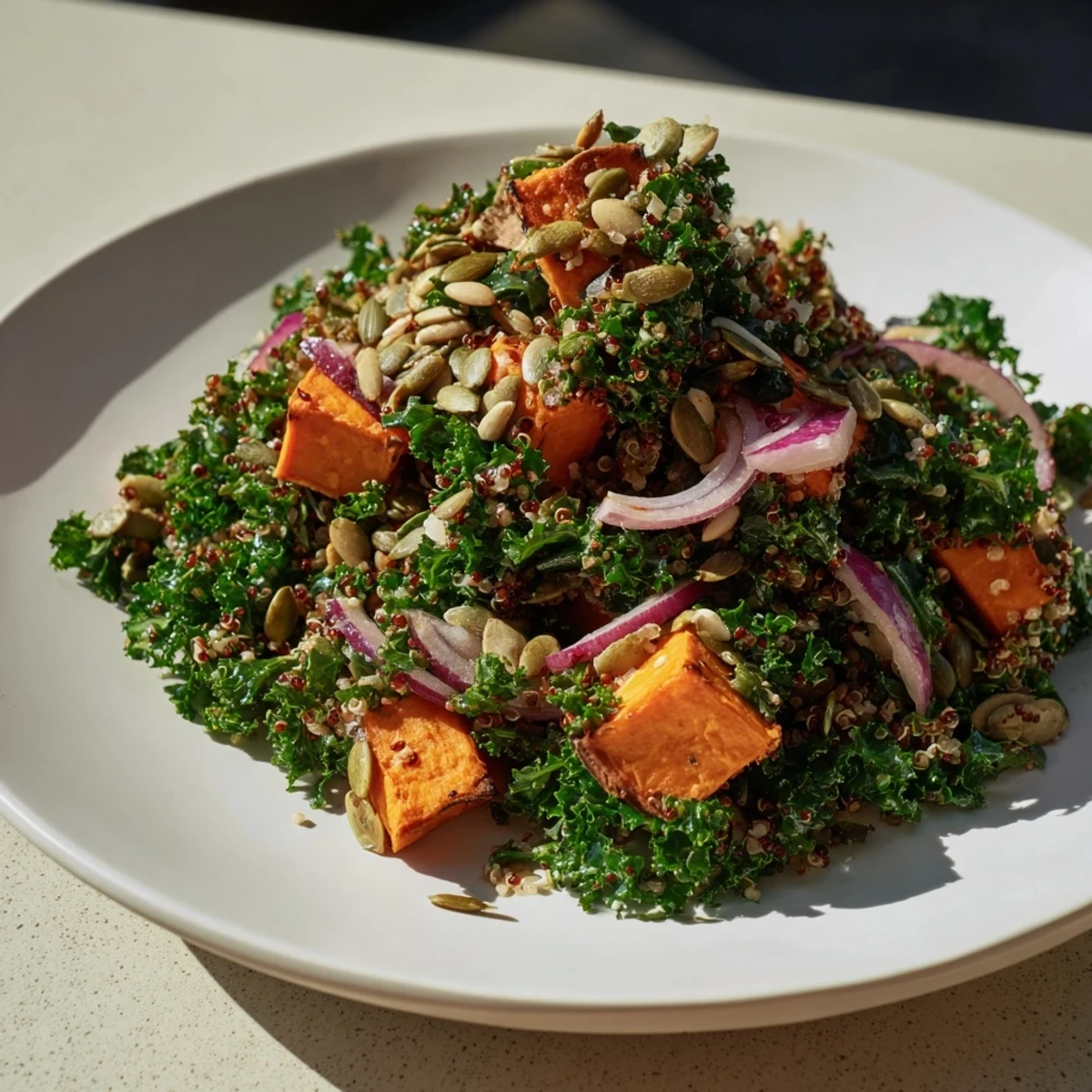 A colorful Kale & Quinoa Salad features roasted sweet potatoes, a lemon dressing, and fresh ingredients.