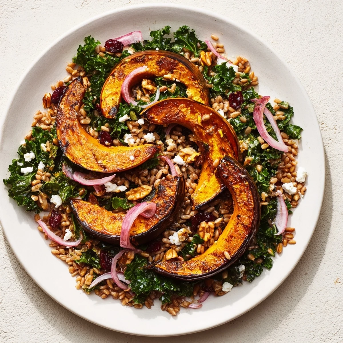 Golden-brown maple-roasted acorn squash tops a colorful Farro & Mustard Green Salad, ready to eat.