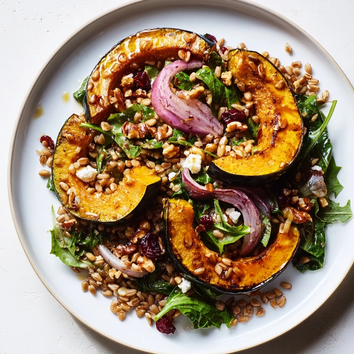 Hearty Farro & Mustard Green Salad with tender squash, a bright vinaigrette, and toasted pecans for crunch.