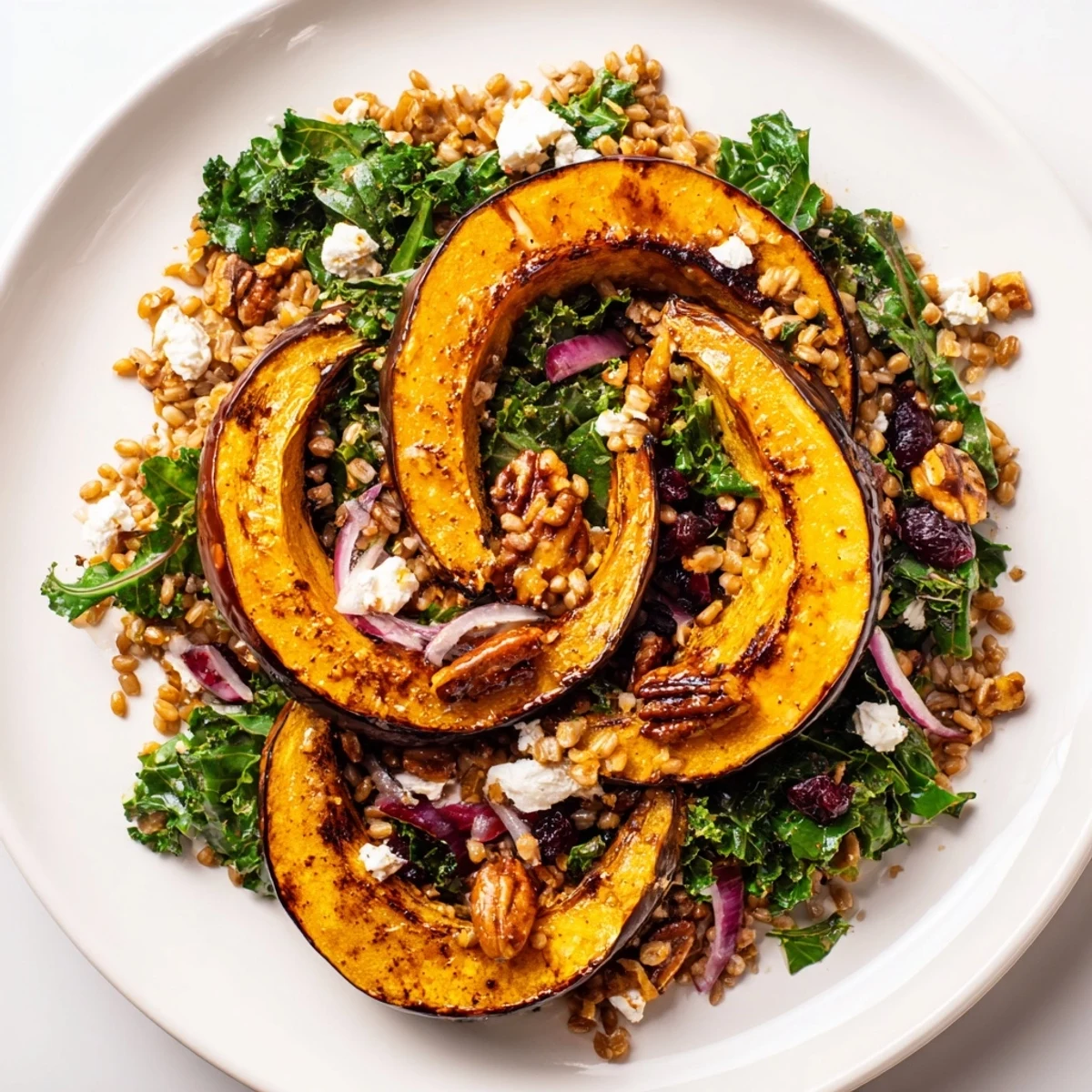 This vibrant bowl of Farro & Mustard Green Salad has sweet squash and a tangy dressing, perfect for lunch.
