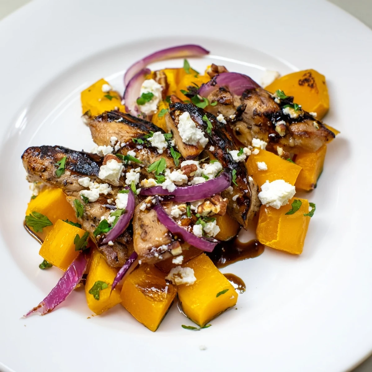 Sheet-pan salad showcases roasted chicken and squash; imagine those golden, tender vegetables ready to eat.