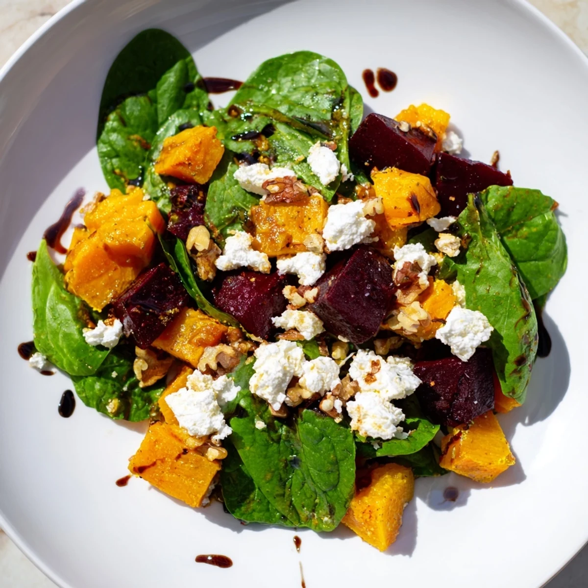 Vibrant Roasted Beet, Butternut & Spinach Salad, featuring creamy goat cheese and crunchy walnuts.