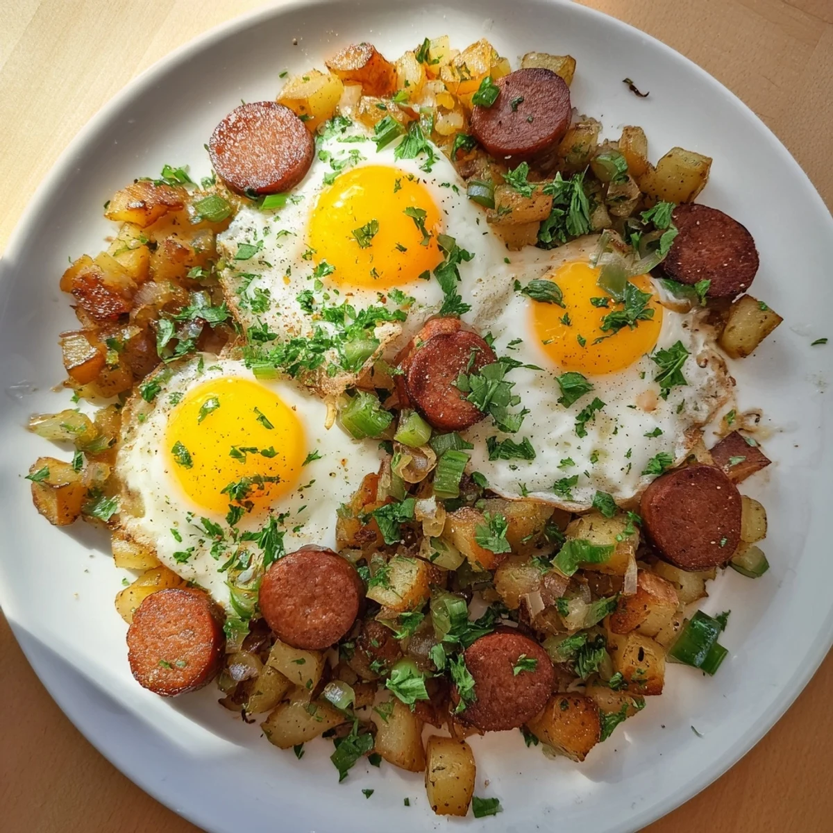 Savory Egg & Potato Hash, a skillet meal with onions, peppers, and hot dogs, ready to eat.