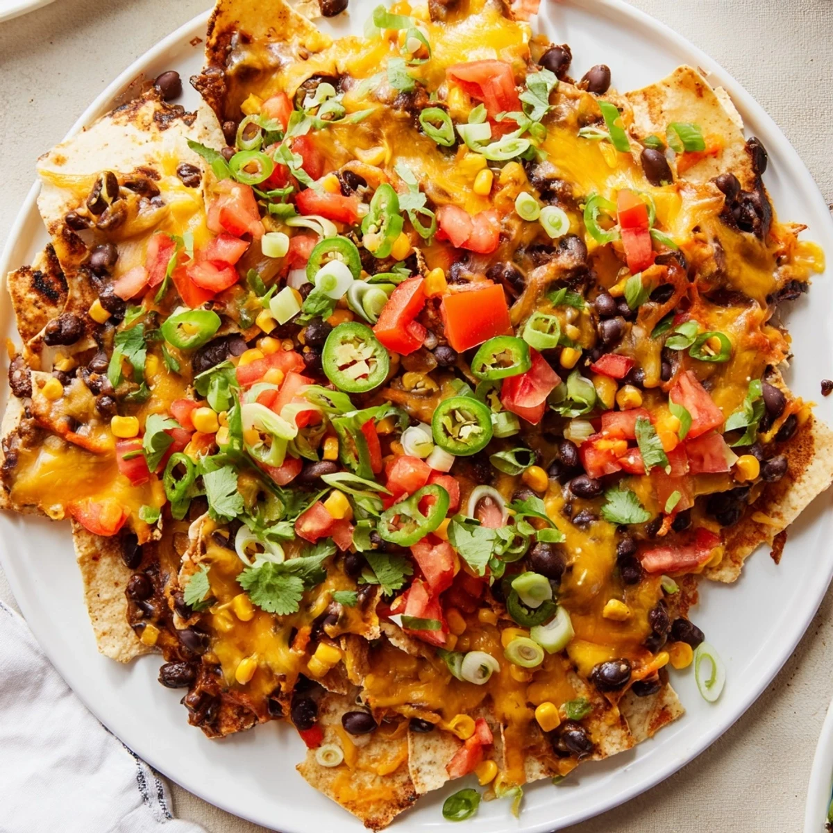 Sheet-pan nachos with bubbly cheese and colorful vegetables—a Tex-Mex delight ready quickly.
