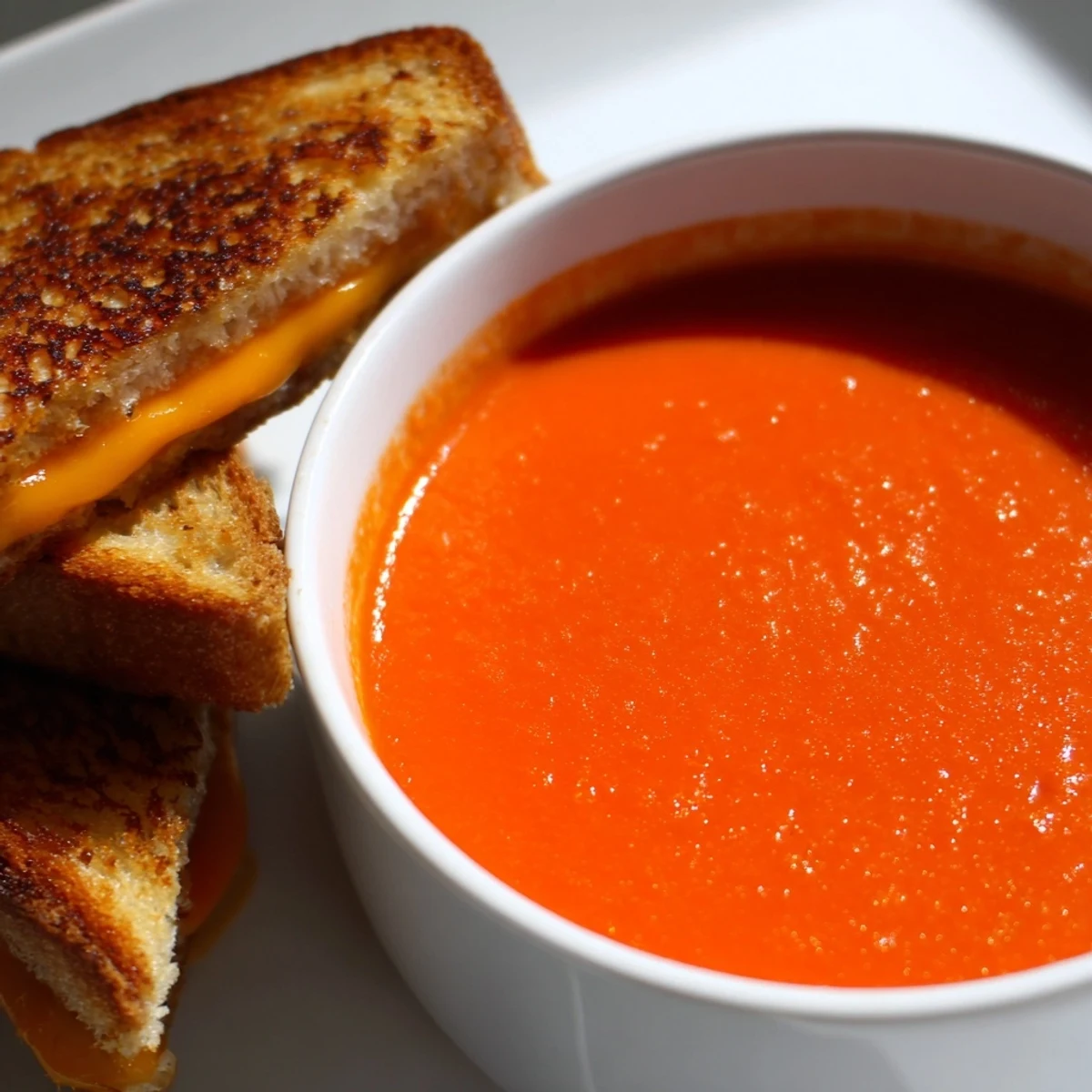 Melted cheddar oozes from the grilled cheese, ready to be dipped into the vibrant 5-Ingredient Tomato Soup.