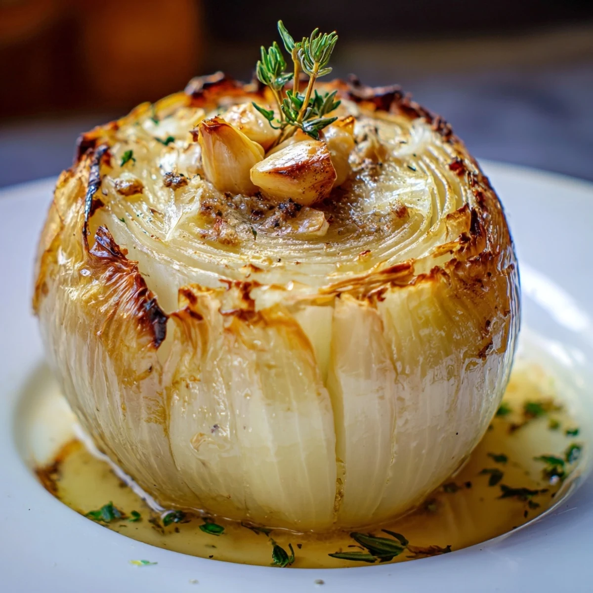 Delicious Onion Boil, a perfectly roasted whole onion, nestled in foil with garlic and butter.