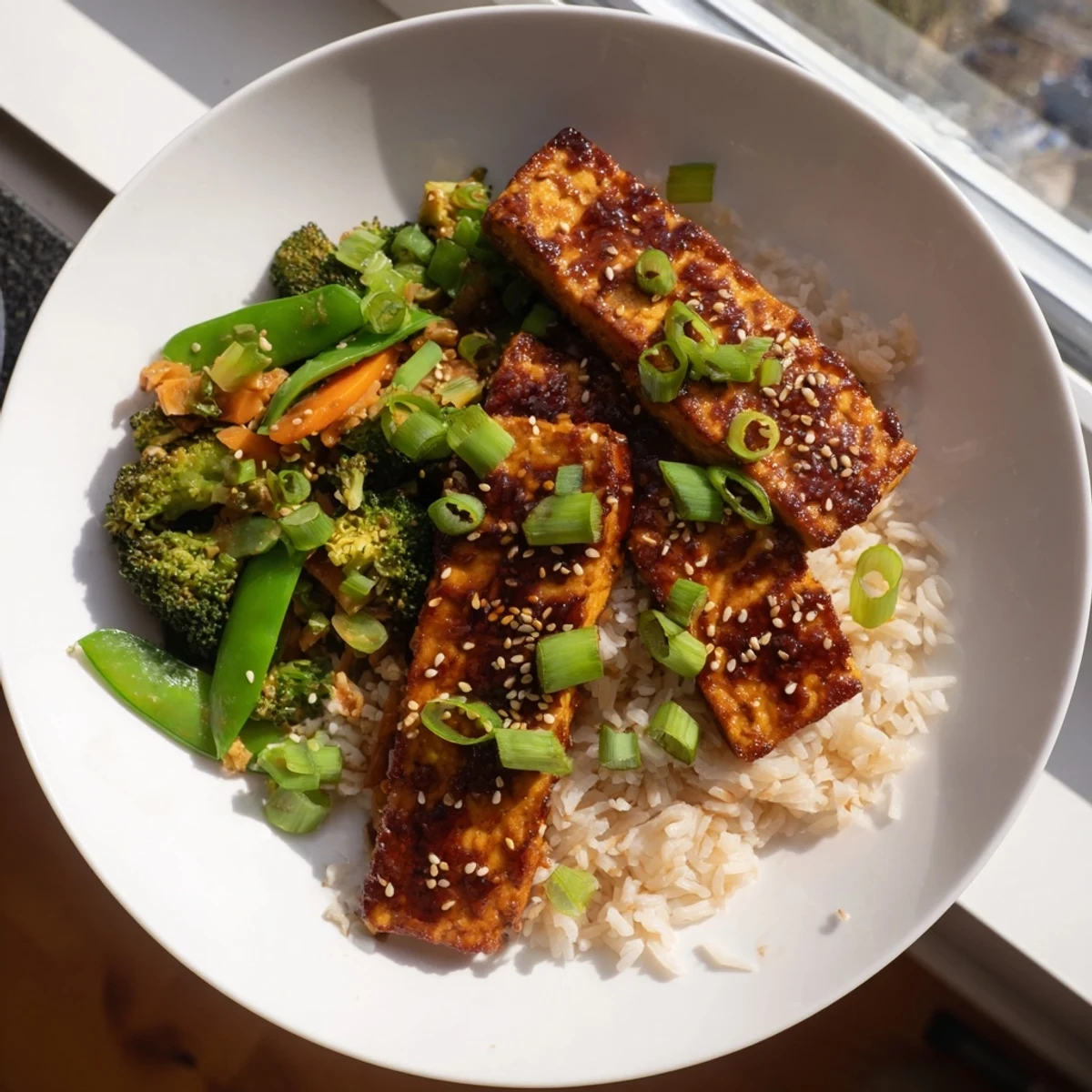 Golden-brown Pressed Tofu Steaks sit atop a colorful stir-fried vegetable and rice plate, a delicious and quick vegan meal.