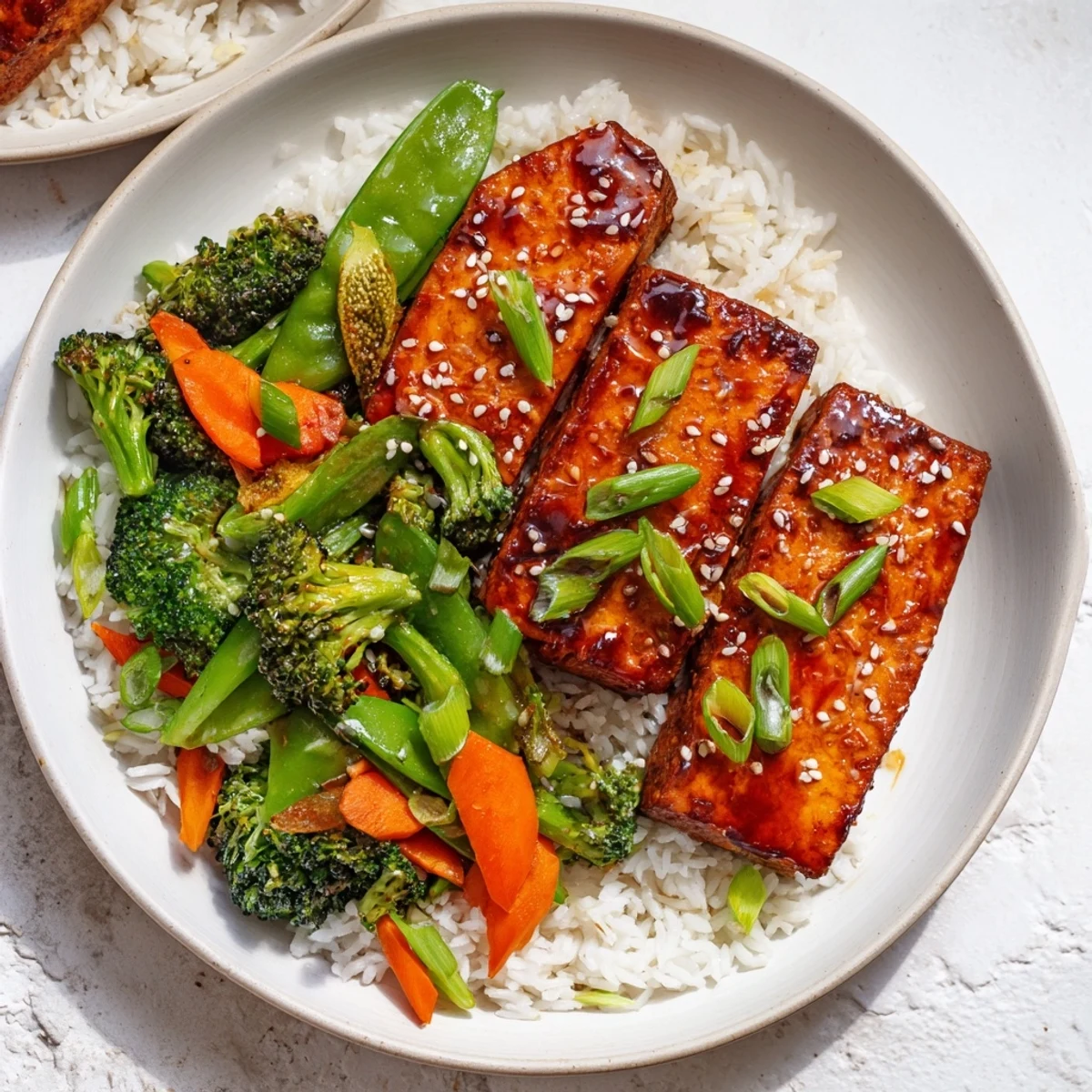 Steaming-hot Pressed Tofu Steaks rest with the colorful, savory stir-fried mix of veggies with fluffy rice.