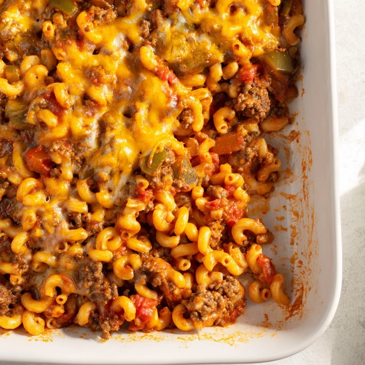 A bubbly and cheesy baked Hamburger Casserole dish with savory beef and macaroni.