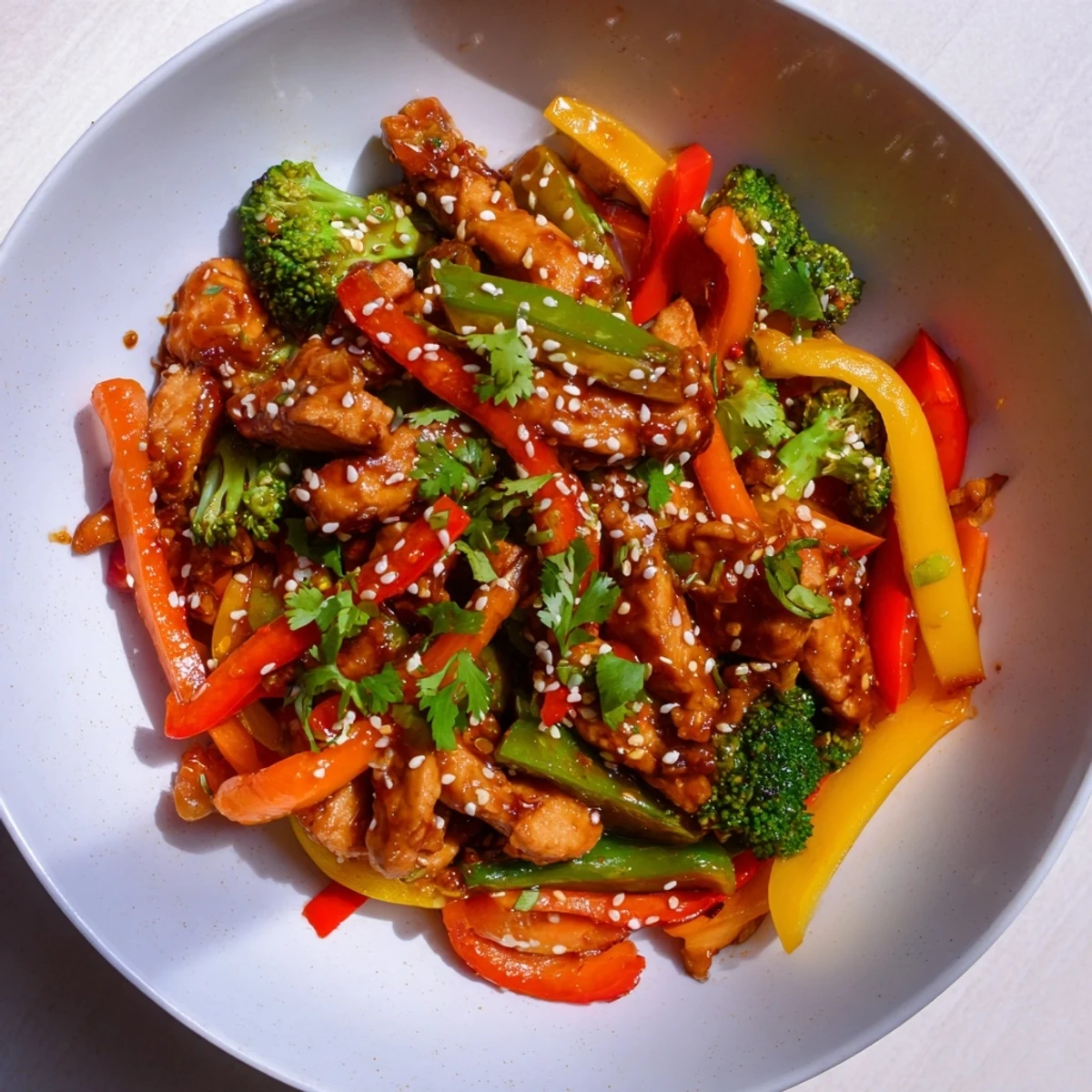 Chicken Stir-Fry with Vegetables and Rice: a colorful bowl offering savory chicken and crisp vegetables.