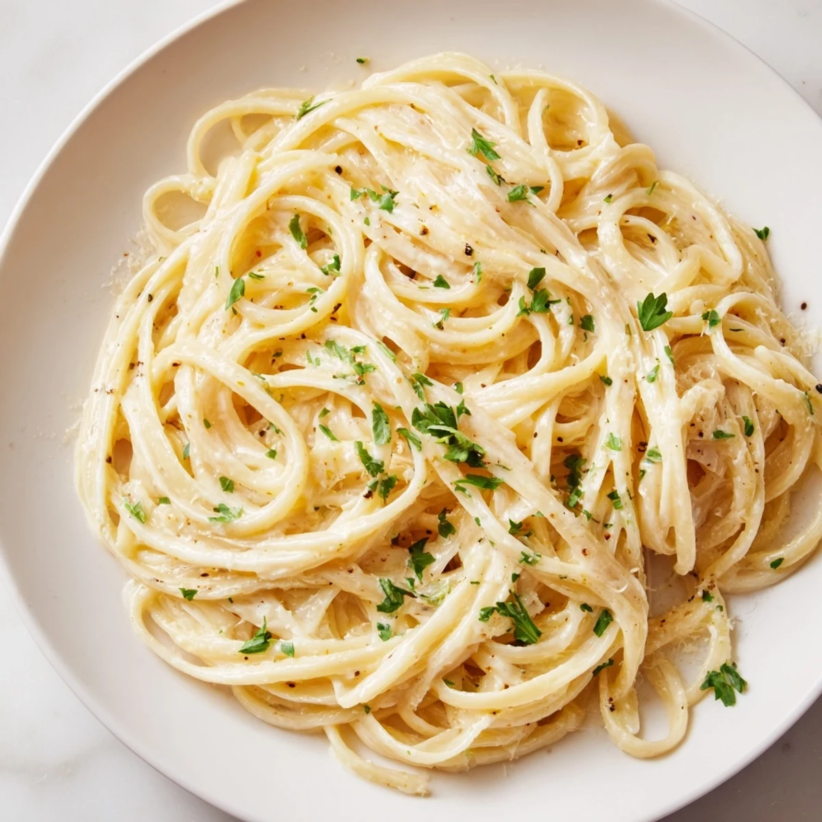 Creamy Three-Cheese Spaghetti, a comforting Italian-American pasta dish, served steaming hot.
