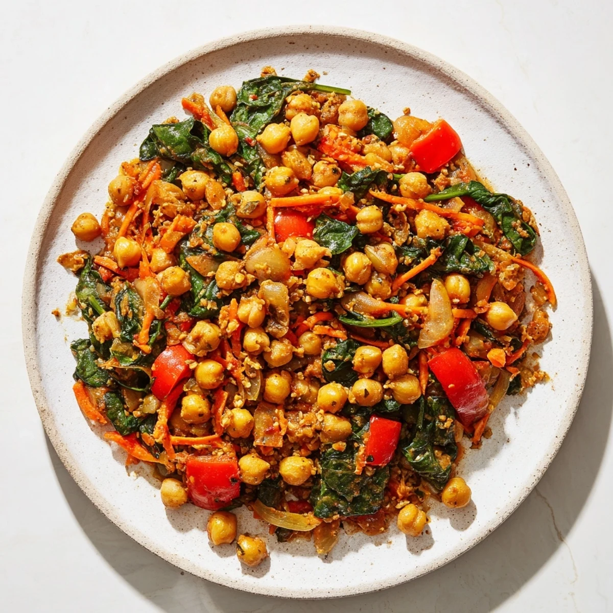 Steaming Vegetarian Chickpea & Spinach Skillet, bursting with Mediterranean flavors fresh from the pan.