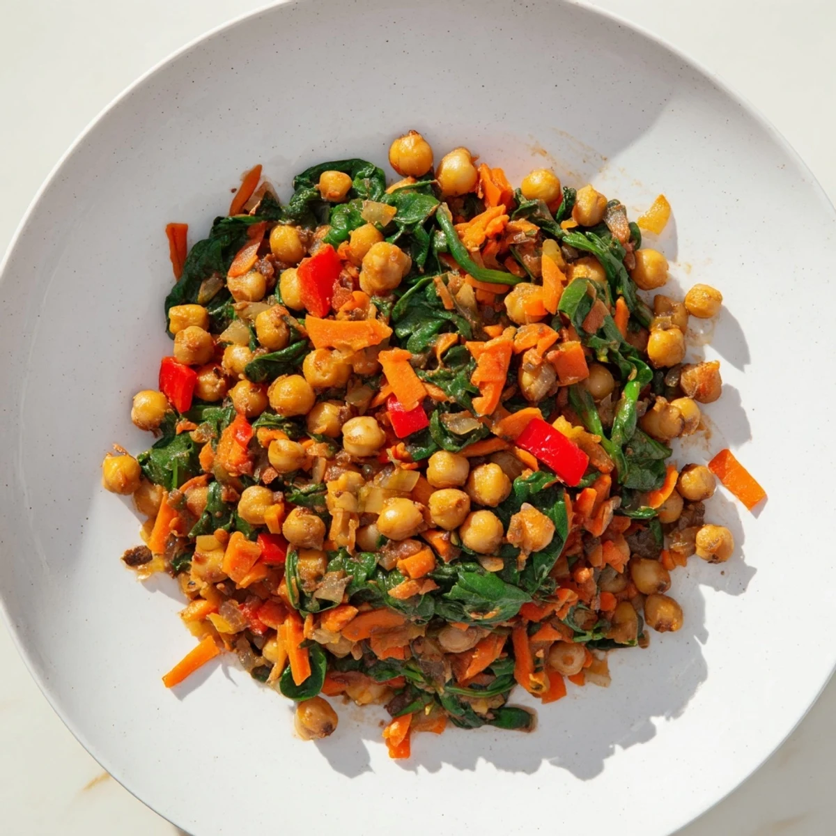 A colorful Vegetarian Chickpea & Spinach Skillet, served with crusty bread, ready for a delicious meal.