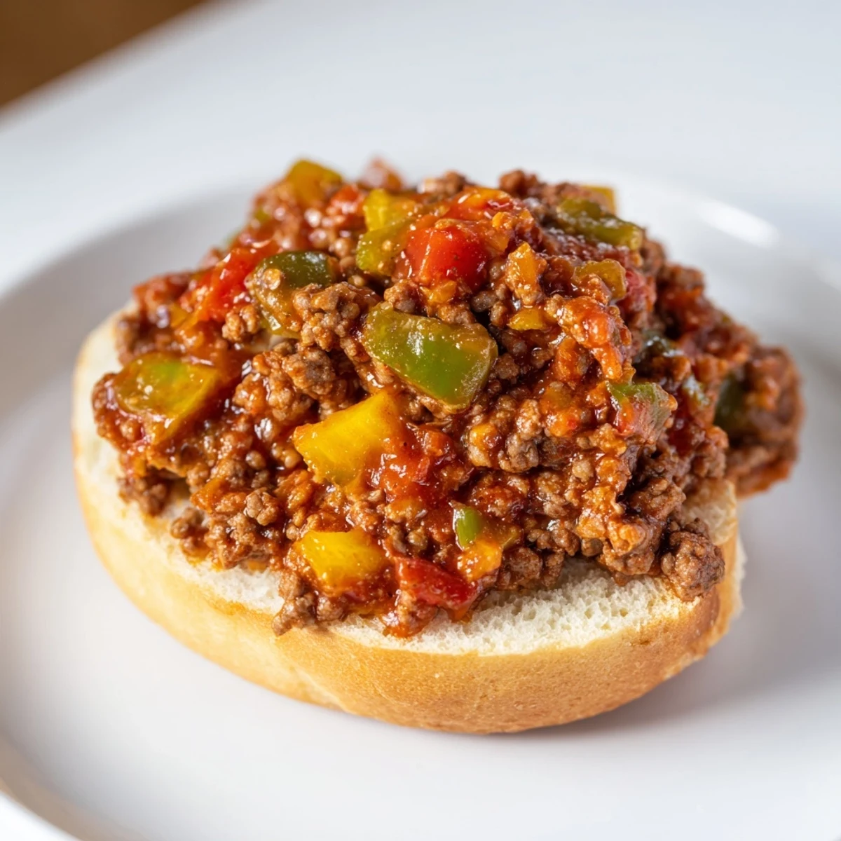 Delectable close-up of classic Sloppy Joes: ground beef in a rich tomato sauce, spilling slightly.