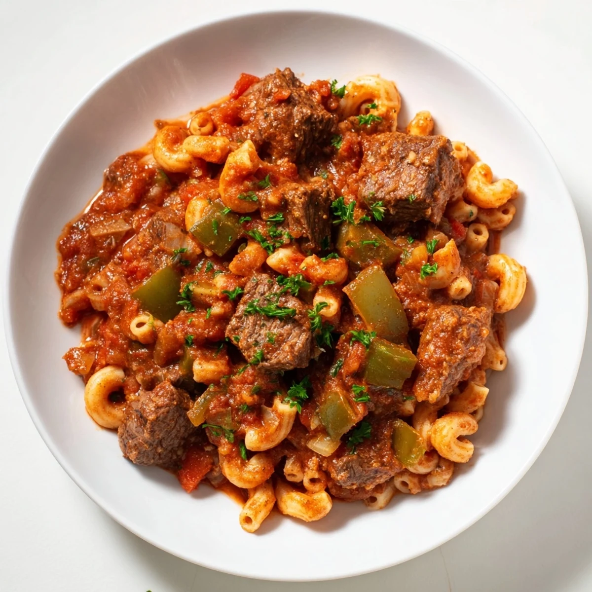Steaming bowl of goulash with beef and tender pasta, ready to warm your kitchen.