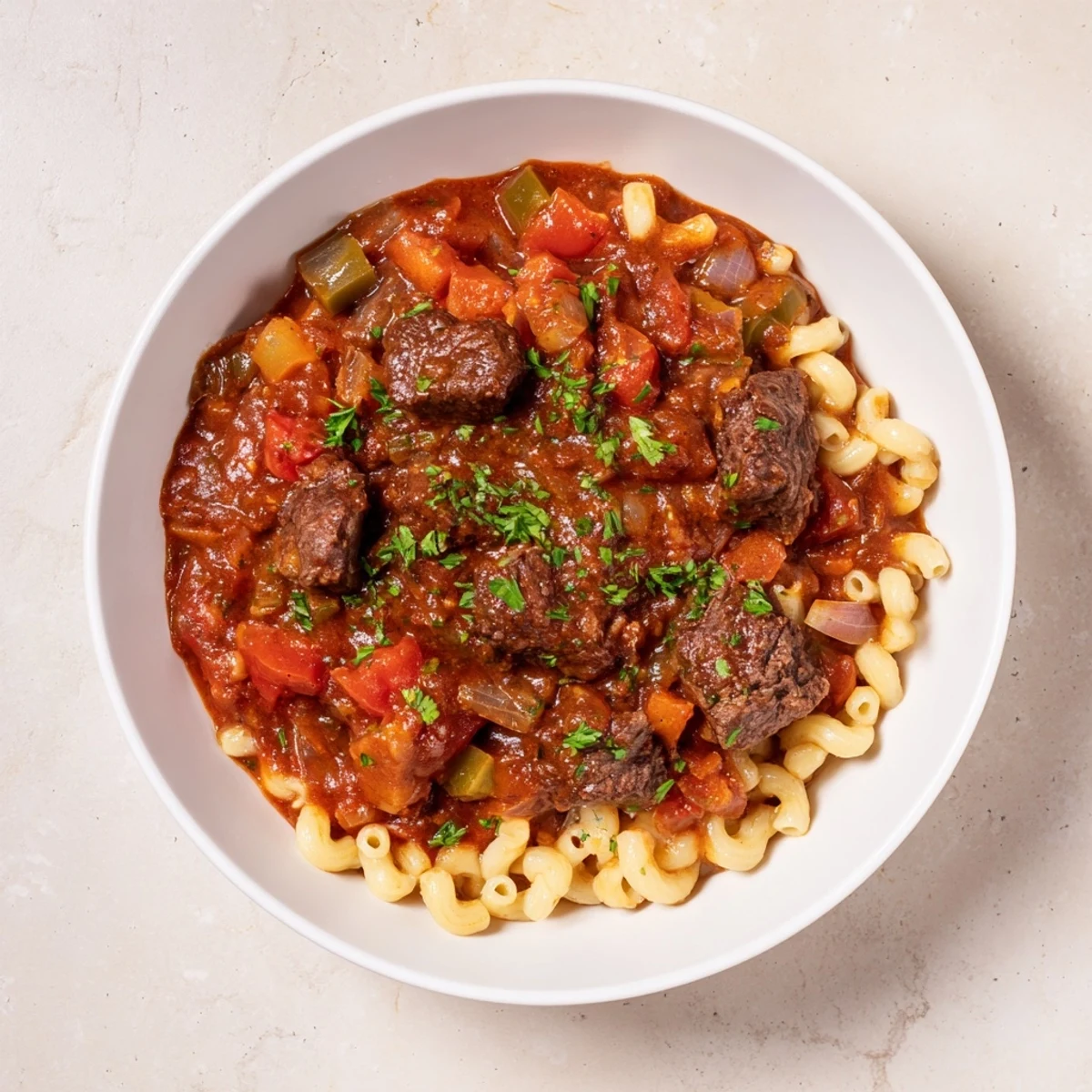 Close-up of a rustic goulash recipe, featuring pasta, beef, and vibrant vegetable chunks.