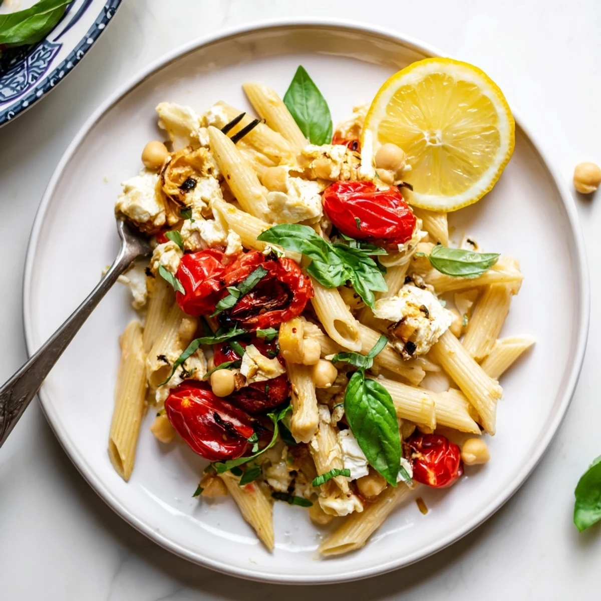 Savory baked feta melts into roasted tomatoes and chickpeas, served piping hot on pasta, making this delicious dish.