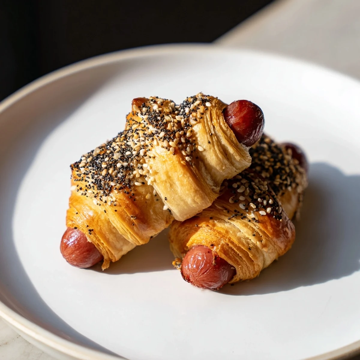 Golden baked Everything Bagel Pigs in a Blanket, ready to serve with your favorite dipping sauce.