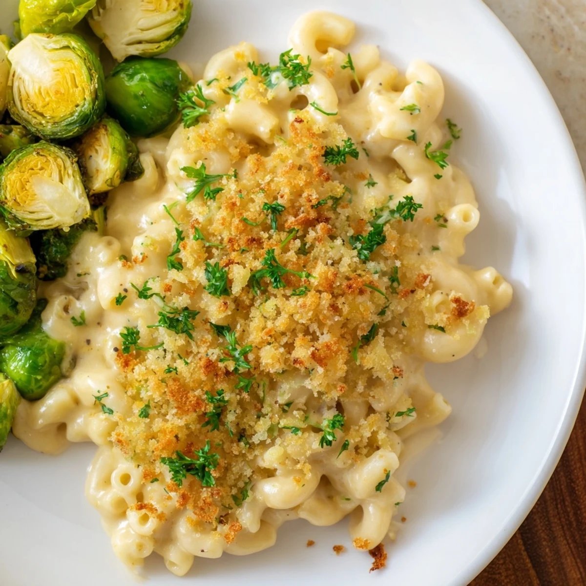 Savory sheet pan mac and cheese with Brussels sprouts, featuring tender pasta and perfectly roasted vegetables.