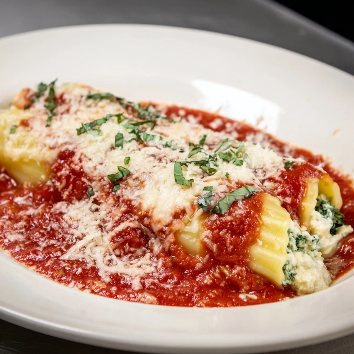 Cozy Broccoli Stuffed Manicotti bubbling in marinara sauce, topped with melted mozzarella cheese.