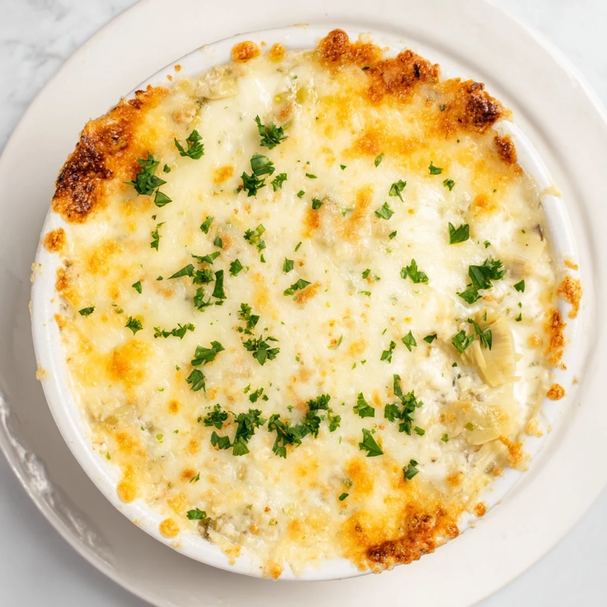 Warm, bubbly Baked Artichoke Dip with golden cheese crust, ready for dipping and sharing.
