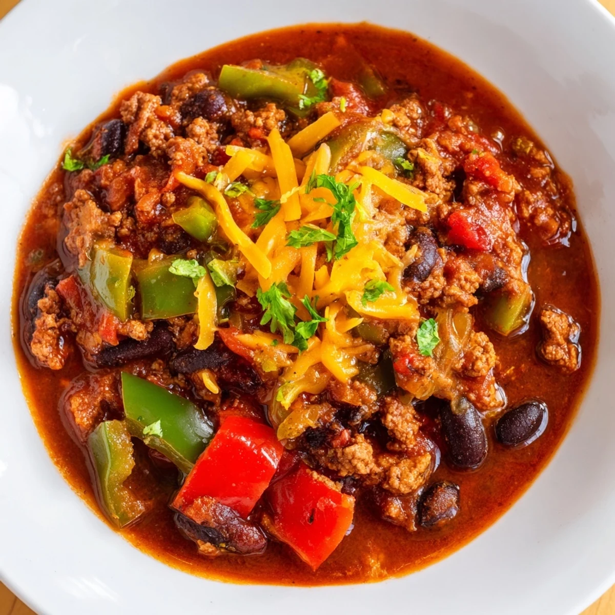 Steaming bowl of quick chili with canned beans, topped with fresh cilantro and a dollop of sour cream.